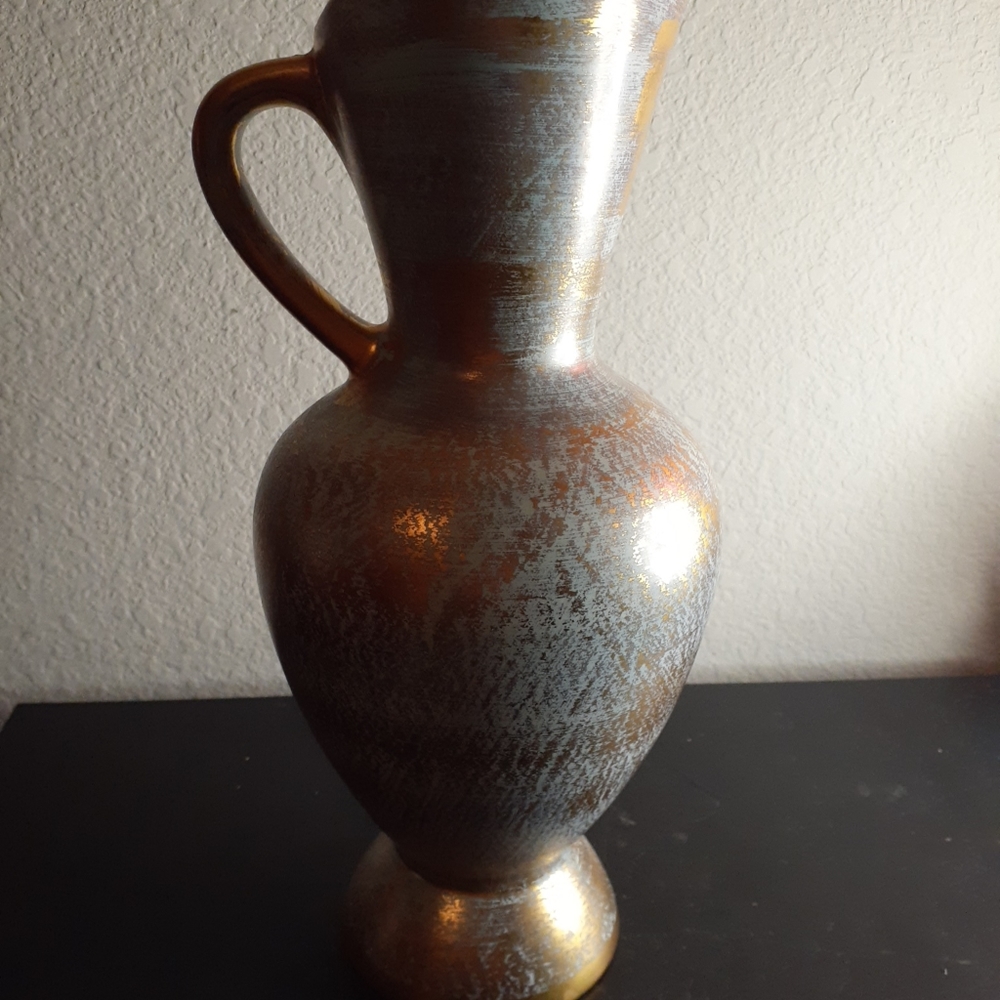 EXQUISITE VTG Stangl Pottery Teal & Gold 12" Pitcher Vase.